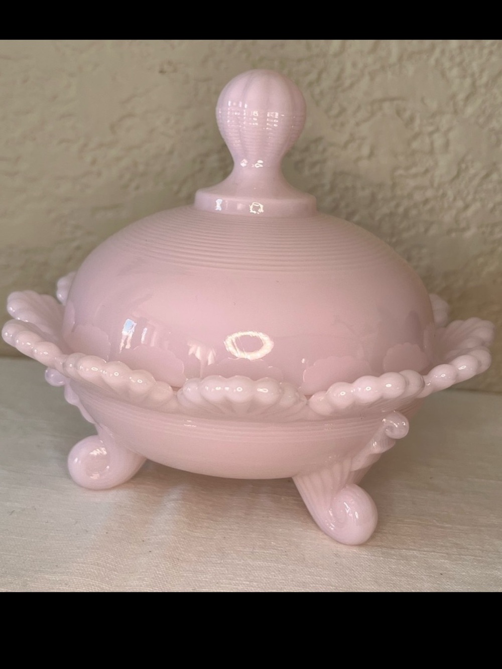 Vintage Pink Milk Glass Klondike Pattern Covered Candy Dish UV Reactive Glows